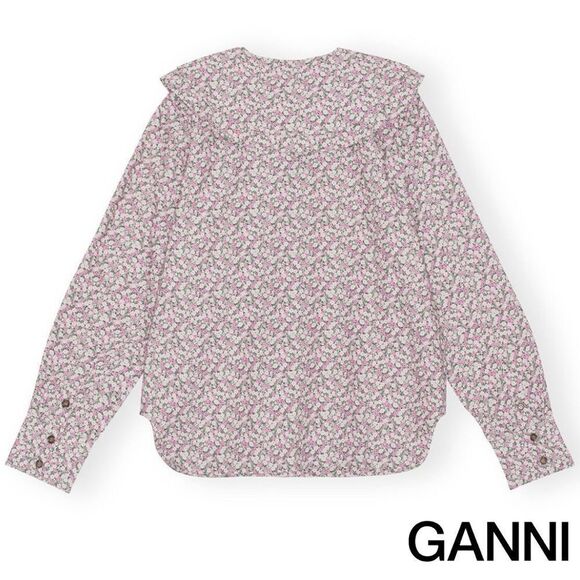GANNI **NWT** Frost Gray Floral Print Cotton Poplin Double-Collar Shirt - Picture 14 of 16